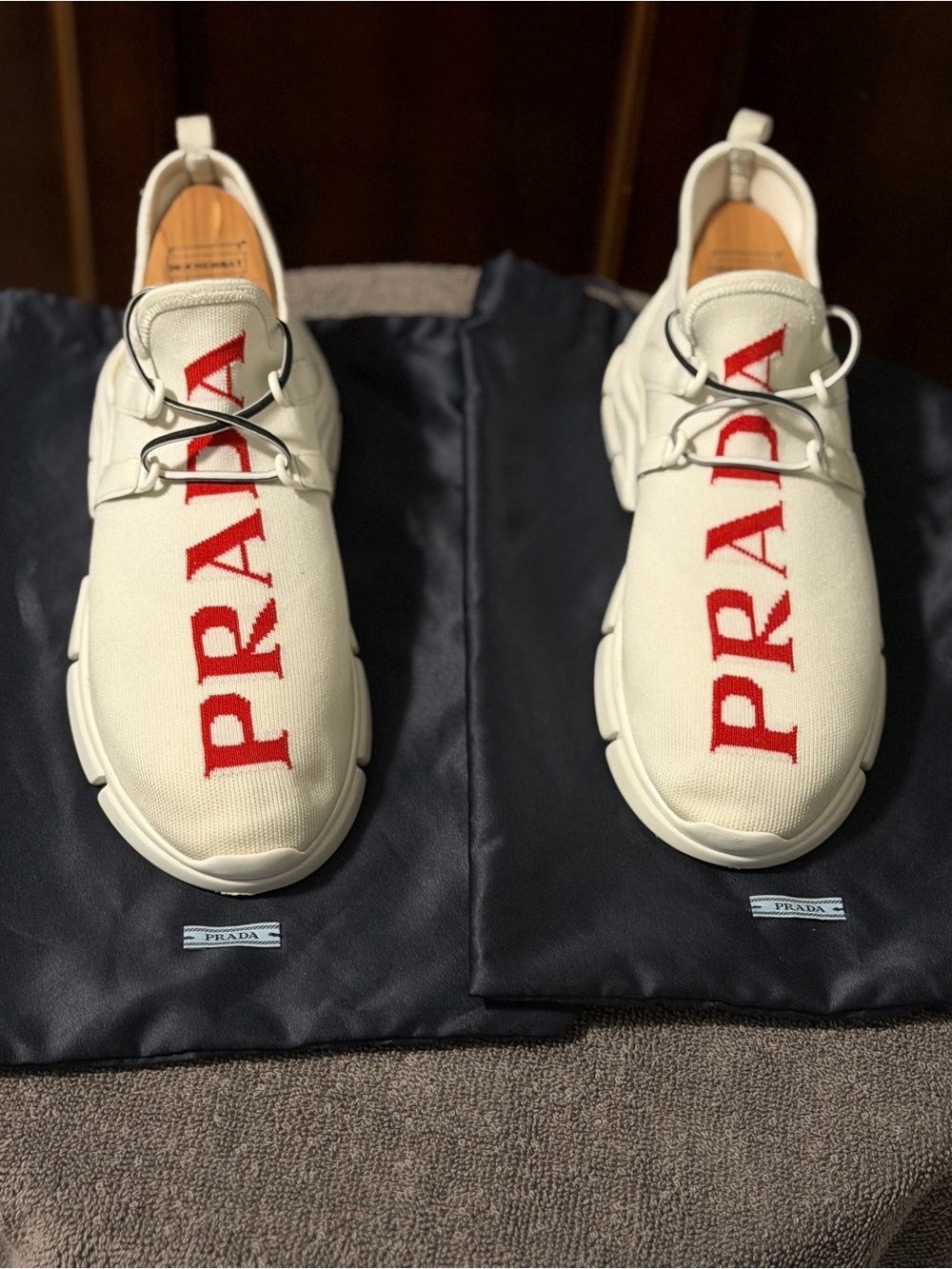 Prada White Knit Sneakers with Red Logo - Picture 6 of 7